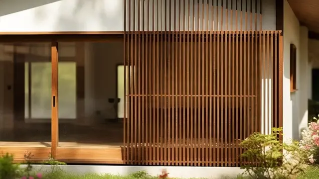 Ilustrasi Model Rumah Minimalis dengan Lisplang dan Kisi-Kisi Kayu Vertikal (Sumber Gambar: Meta AI)