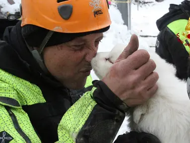 Seorang petugas pemadam kebakaran Italia mencium anak anjing yang selamat dari reruntuhan Hotel Rigopiano di Farindola, Italia (23/1). Sebelumnya, longsoran salju telah melanda Hotel Rigopiano di Kota Farindola. (Fabio Gatto/ Vigili Del Fuoco / AFP)