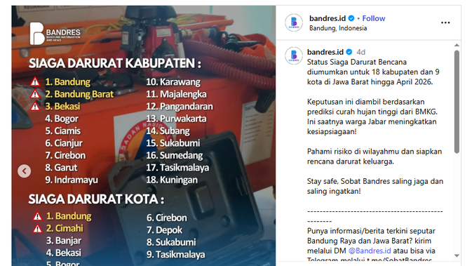 Tangkapan layar unggahan akun Instagram @bandres.id, untuk menelusuri klaim peringatan siaga darurat dari BMKG terkait siklon 97S untuk kabupaten dan kota di Jawa Barat.
