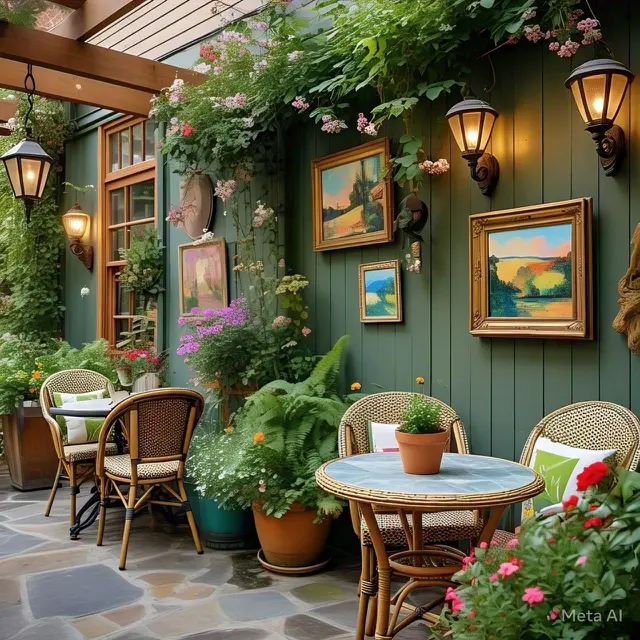 Teras Ala Kafe dengan Furnitur Outdoor. Model teras rumah minimalis pintu samping masa kini