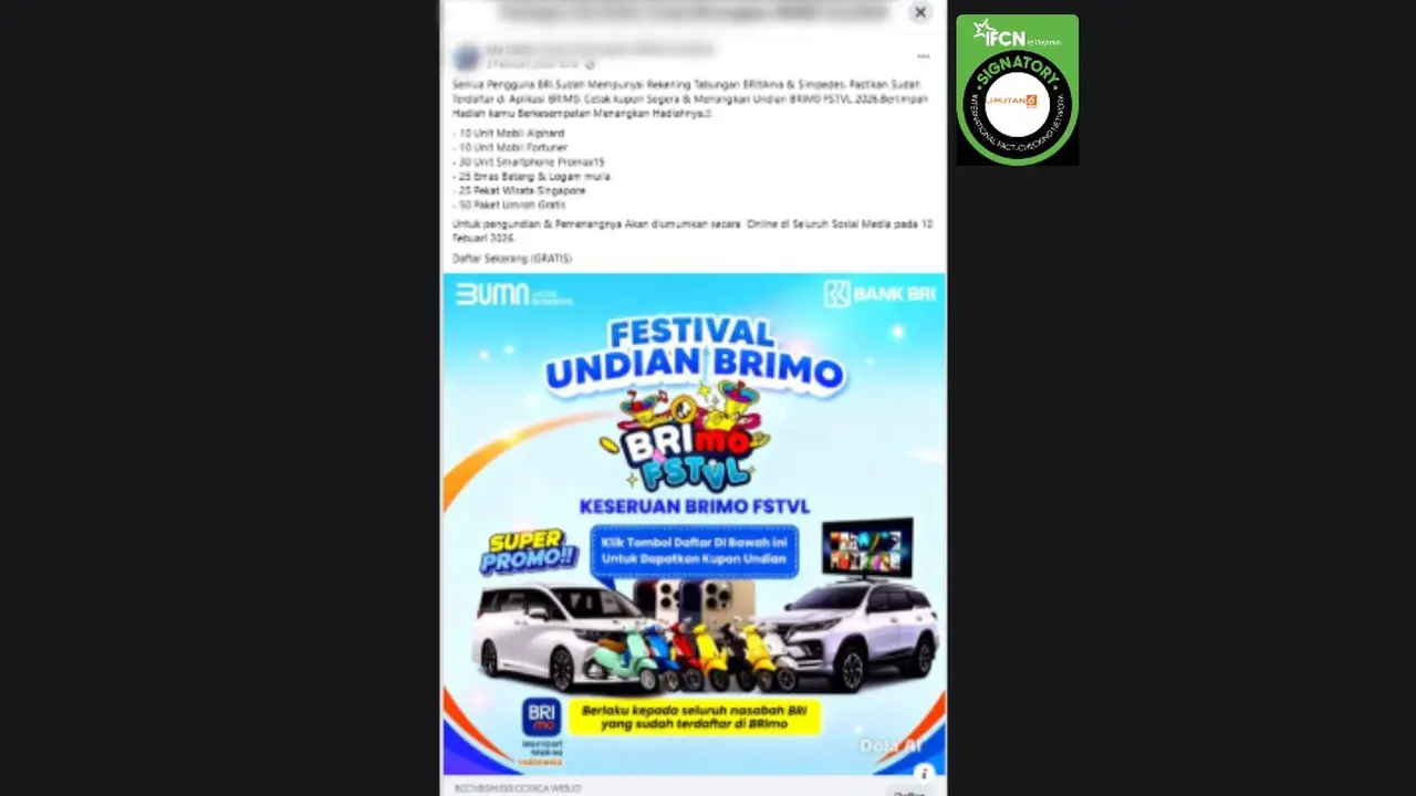 Cek Fakta Liputan6.com mendapati klaim link pendaftaran kupon Undian BRImo Festival 2026 yang beredar di Facebook. (Foto: tangkapan layar)