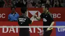 Ganda putra Indonesia, Mohammad Ahsan / Hendra Setiawan, merayakan kemenangan atas ganda China pada Indonesia Masters 2019 di Istora Senayan, Jakarta, Sabtu (26/1). Ahsan / Hendra lolos ke final. (Bola.com/Yoppy Renato)