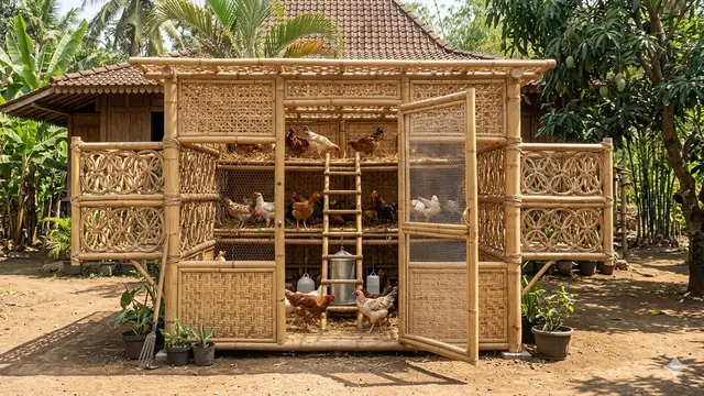 Model Kandang Ayam Bambu Modern Sirkulasi Udara Maksimal. AI