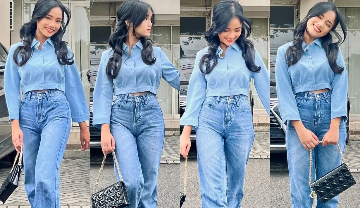 OOTD cute dari Fuji mengenakan outfit serba biru. Di sini Fuji tampil mengenakan cropped top berkerah lengan panjang berwarna biru, dipadunya dengan high-waisted jeans, dan sneakers berwarna putih. Foto: Instagram.