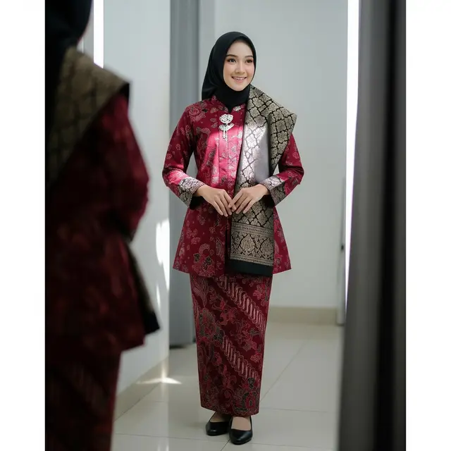 Gamis Batik Maroon dengan Lengan dan Kerah Brokat