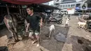 Pedagang hewan kurban menarik kambing di Pasar Kambing, Tanah Abang, Jakarta, Selasa (6/7/2021). Pedagang di Pasar Kambing mengungkapkan penjualan hewan kurban tahun ini mengalami penurunan akibat diberlakukannya PPKM Darurat. (merdeka.com/Iqbal S. Nugroho)