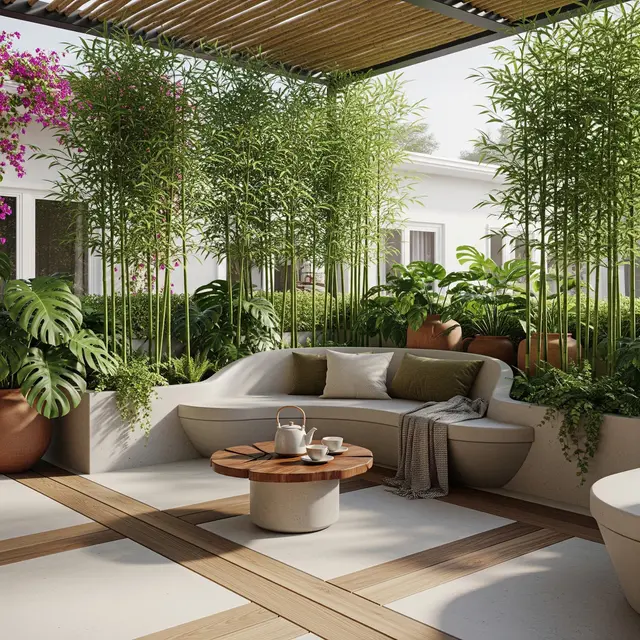 Teras Rumah dengan Bambu Jepang dan Bangku Cor (AI Generated)