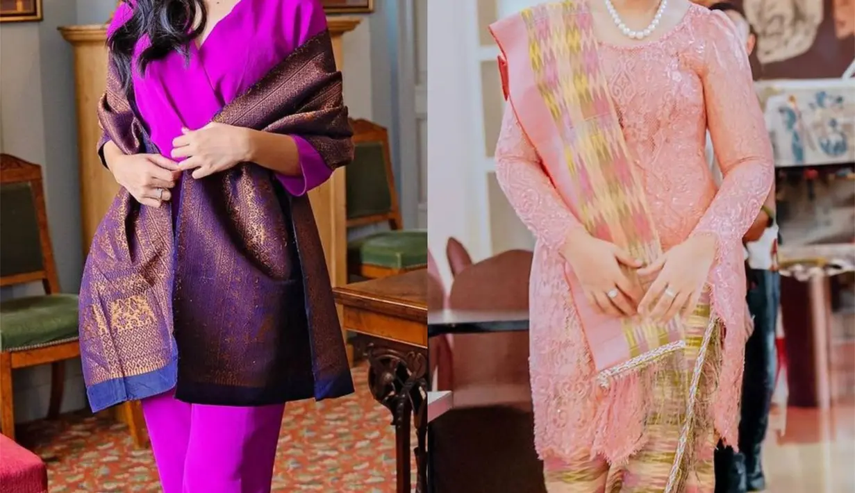 Erina Gudono tampil elegan mengenakan songket Palembang. Outfit monokrom berwarna ungu, dipadukan dengan songket Palembang bernuansa senada. Kahiyang tampil ayu dengan kebaya dan kain wastra bernuansa merah muda. Kebaya panjang dipadu kain bernuansa merah kekuningan yang serasi, dilengkapi dengan hair-piecenya. [Foto: Instagram/ayanggkahiyang/doleytobing]