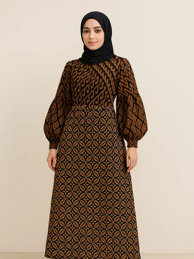 Model Gamis Batik Lengan Balon Syar’i Kekinian