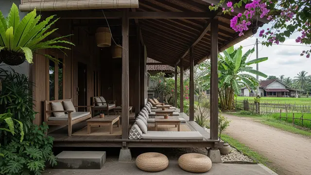 Inspirasi Ruang Santai Bergaya Pendopo Minimalis Model dengan Teras Memanjang