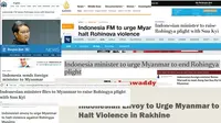 Sejumlah media asing menyoroti sepak terjang RI untuk mengakhiri konflik Rohingya Myanmar melalui Menlu Retno Marsudi. (Berbagai Sumber)