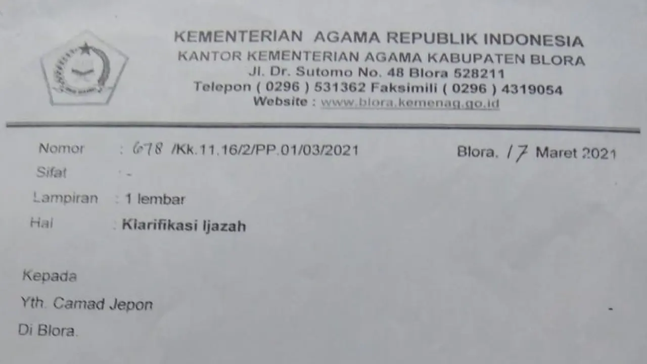Salah Satu Surat Resmi Kemenag yang Dipakai Pijakan Untuk Menggagalkan Santri di Blora Jadi Perangkat Desa. (Liputan6.com/Ahmad Adirin)