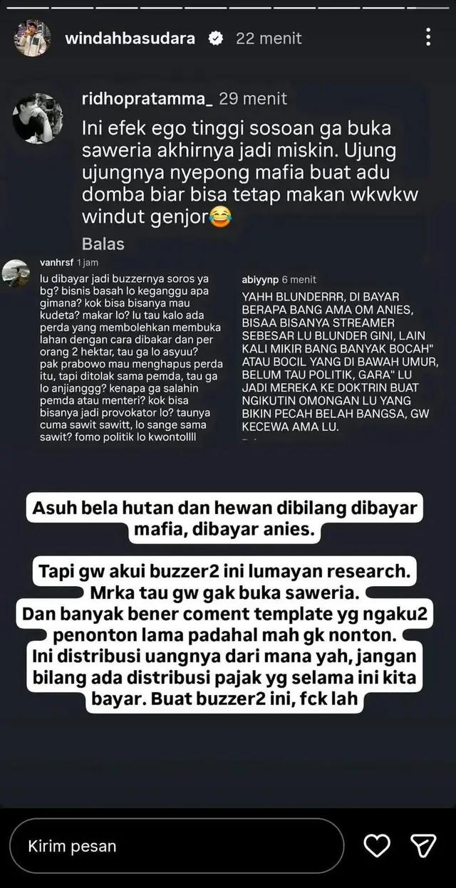 Windah Balas Tuduhan Buzzer Lewat Instagram Story