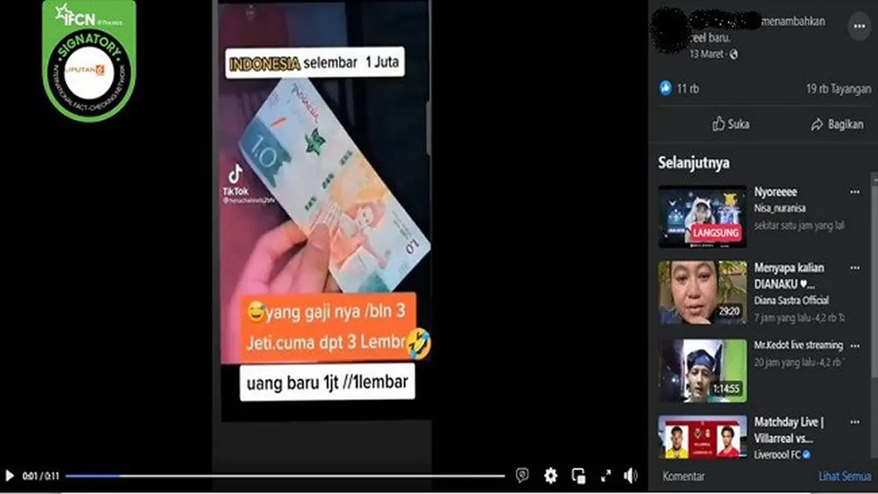 Gambar Tangkapan Layar Video yang Diklaim Adanya Uang Baru Pecahan Rp 1 juta (sumber: Facebook).