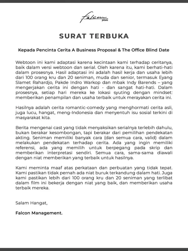 Abidzar Al-Ghifari Bintang A Business Proposal Panen Kritik, Falcon Pictures Minta Maaf