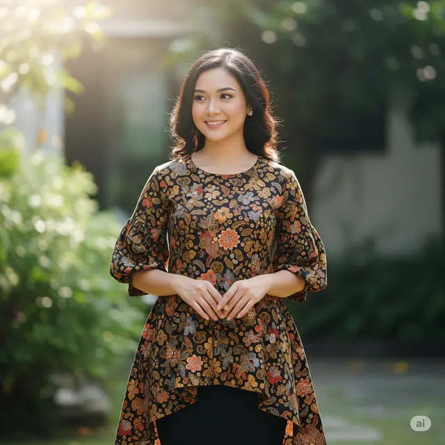 Tunik Batik Kombi Brokat Lengan Balon Motif Modern