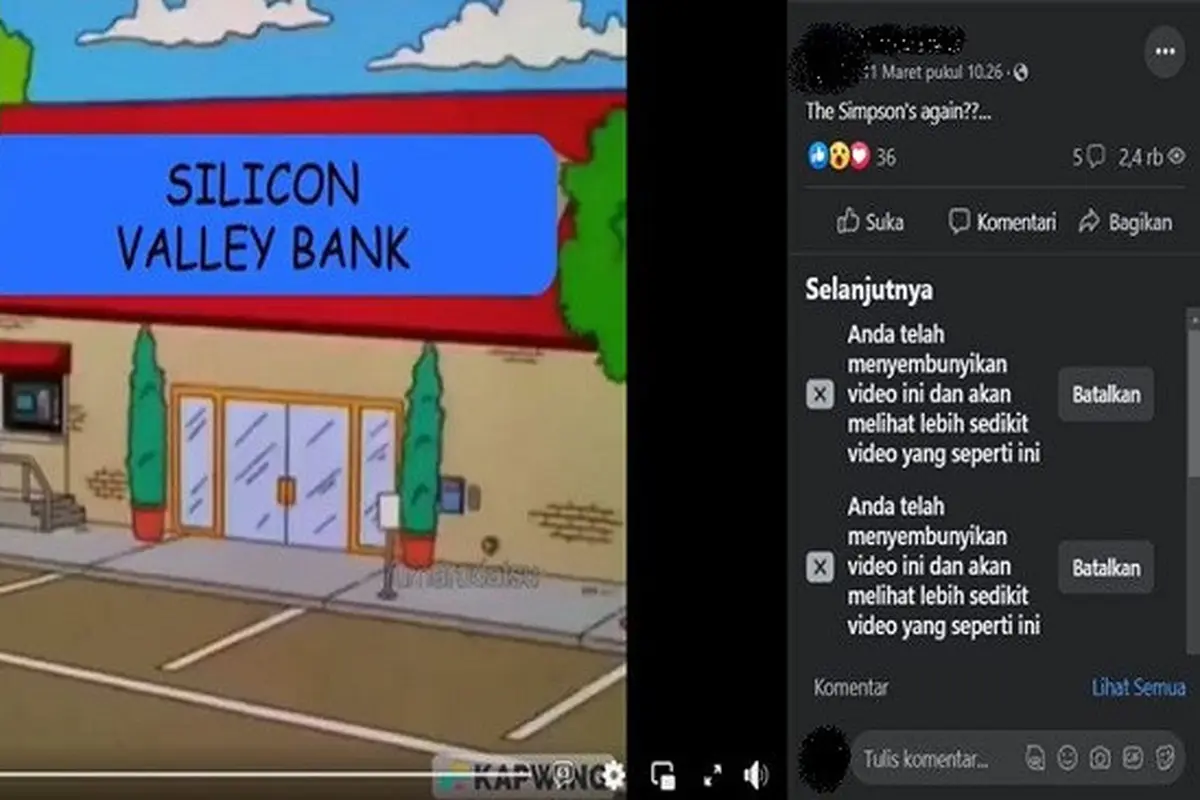 Gambar Tangkapan Layar Kabar tentang Kartun The Simpsons Memprediksi Kebangkrutan Silicon Valey Bank (sumber: Facebook).