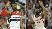 Pemain Washington Wizards, John Wall (kiri), dan bintang Houston Rockets, James Harden, Rabu (4/1/2017), dinobatkan jadi Pemain NBA Bulan Ini. (Bola.com/Twitter/NBA)