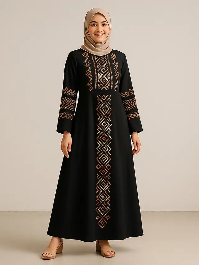 Model Gamis Hitam Kombinasi Bordir/Ilustrasi AI