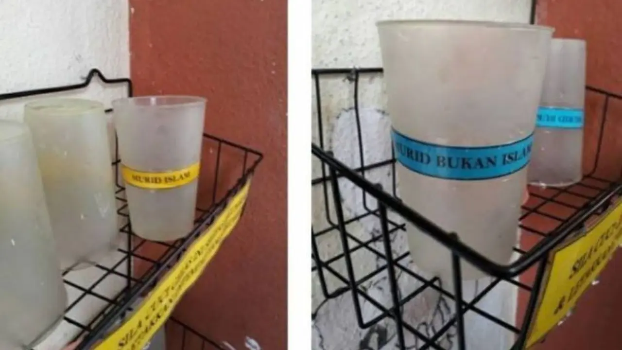 Foto pemisahan gelas di sebuah sekolah Malaysia yang bikin heboh. (Facebook)
