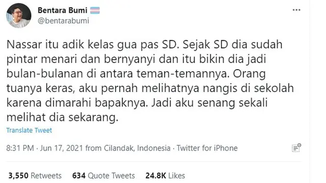 Akun Twitter @bentarabumi mengisahkan kisah Nassar selama duduk di bangku SD (https://twitter.com/bentarabumi/status/1405518526866026500)