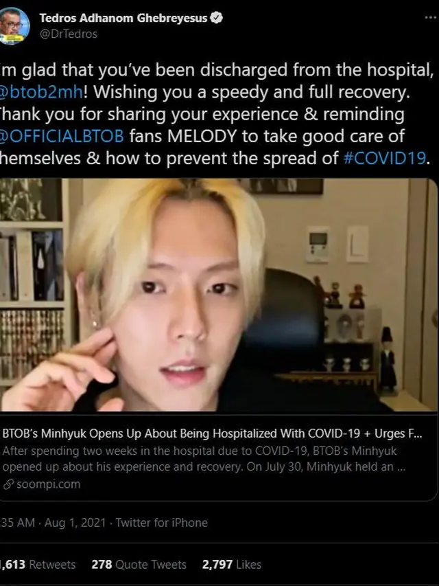 Cuitan Dirjen WHO, Tedros Adhanom Ghebreyesus, tentang Minhyuk BTOB. (Twitter/ DrTedros)