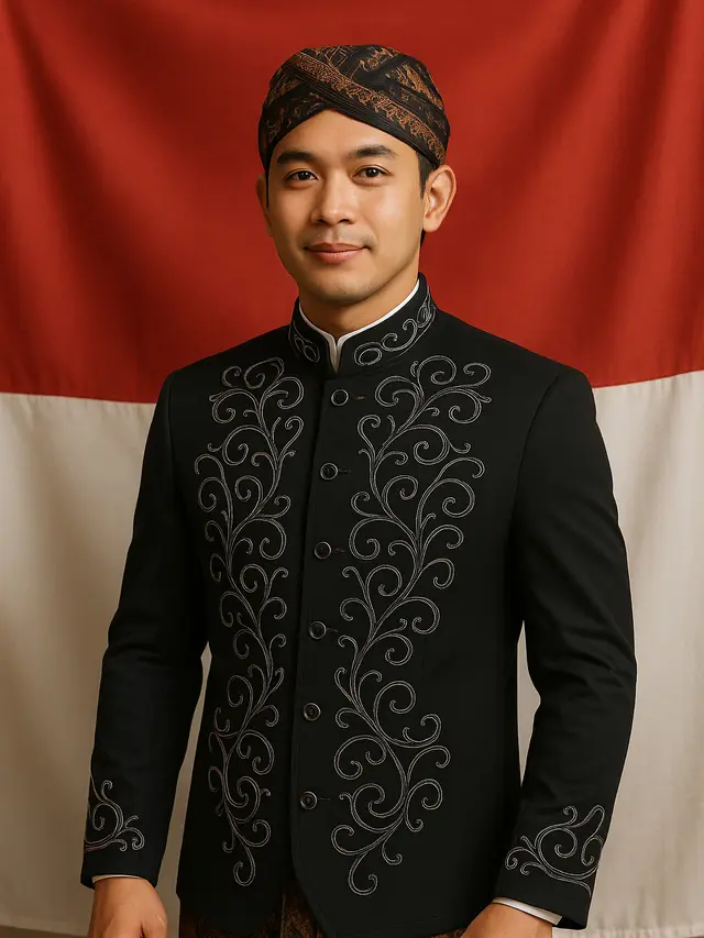 Model Beskap & Belangkon untuk Pria untuk Peringatan Hari Kemerdekaan 17 Agustus 1945 (Image by ChatGPT)