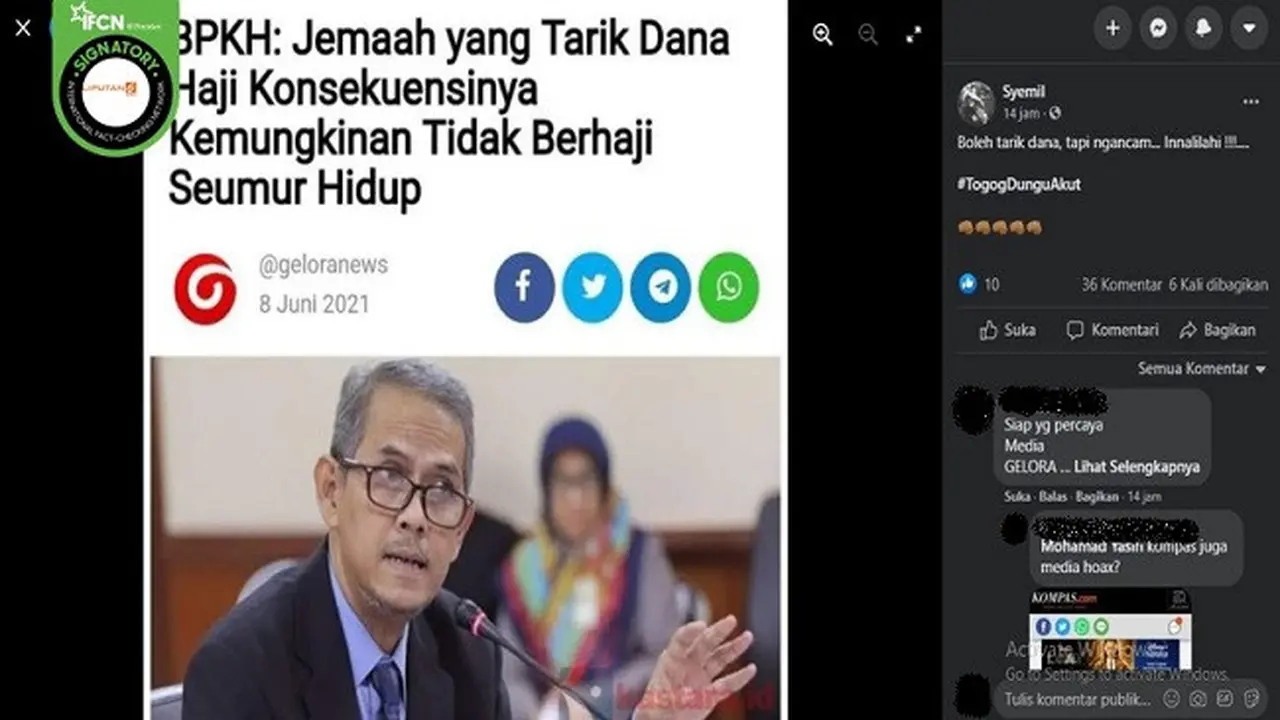 Gambar Tangkapan Layar Kabar tentang BPKH Sebut Jemaah Haji yang Tarik Dana Haji Tak Bisa Berhaji Seumur Hidup (sumber: Facebook)