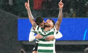 Selebrasi Luis Suarez dalam laga Sporting Lisbon vs Bodo/Glimt di leg kedua 16 besar Liga Champions 2025/2026, Rabu (18/3/2026). (AP Photo/Ana Brigida)