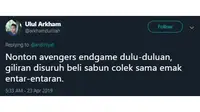 Cuitan Netizen Tentang Nonton Avengers (Sumber: Twitter/@arkhamdulillah)