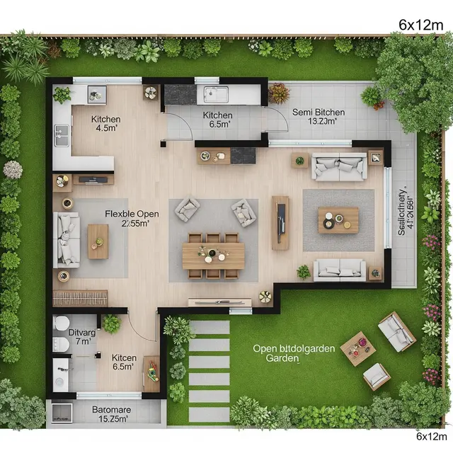 Denah Rumah 6x12 dengan Taman Dalam dan Dapur Terbuka