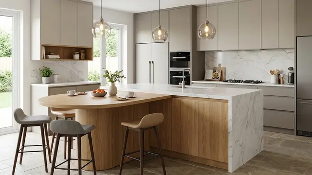 Desain Dapur dengan Meja Sarapan Menyatu pada Ujung Kitchen Island
