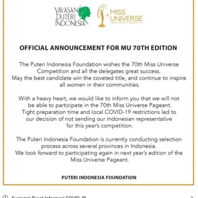 Indonesia Pastikan Tak Akan Kirimkan Wakil di Miss Universe 2021 di Israel