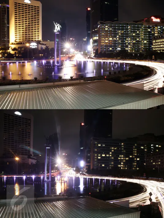 Foto kombinasi saat sejumlah gedung di kawasan Bundaran HI, Jakarta, masih diterangi lampu (atas) dan saat pemadaman listrik serentak di kawasan tersebut (bawah) pada peringatan hari bumi atau Earth Hour, Sabtu (19/3). (Liputan6.com/Faizal Fanani)