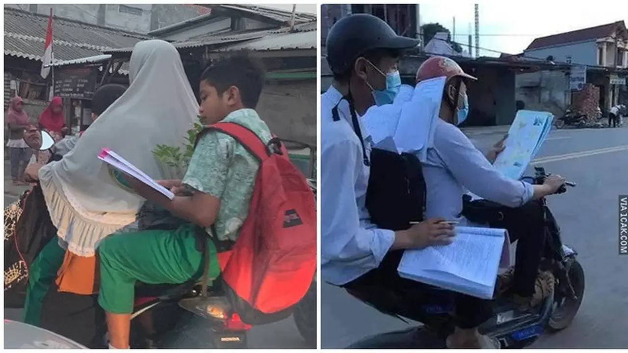6 Potret Siswa Belajar di Atas Motor Ini Bikin Deg-degan, Detik-detik Jelang Ujian