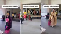 Jemaah haji tampil glamor dan nyentrik bak acara fashion week saat satu per satu keluar dari aula pertemuan. (Sumber: TikTok/abbyy.88)