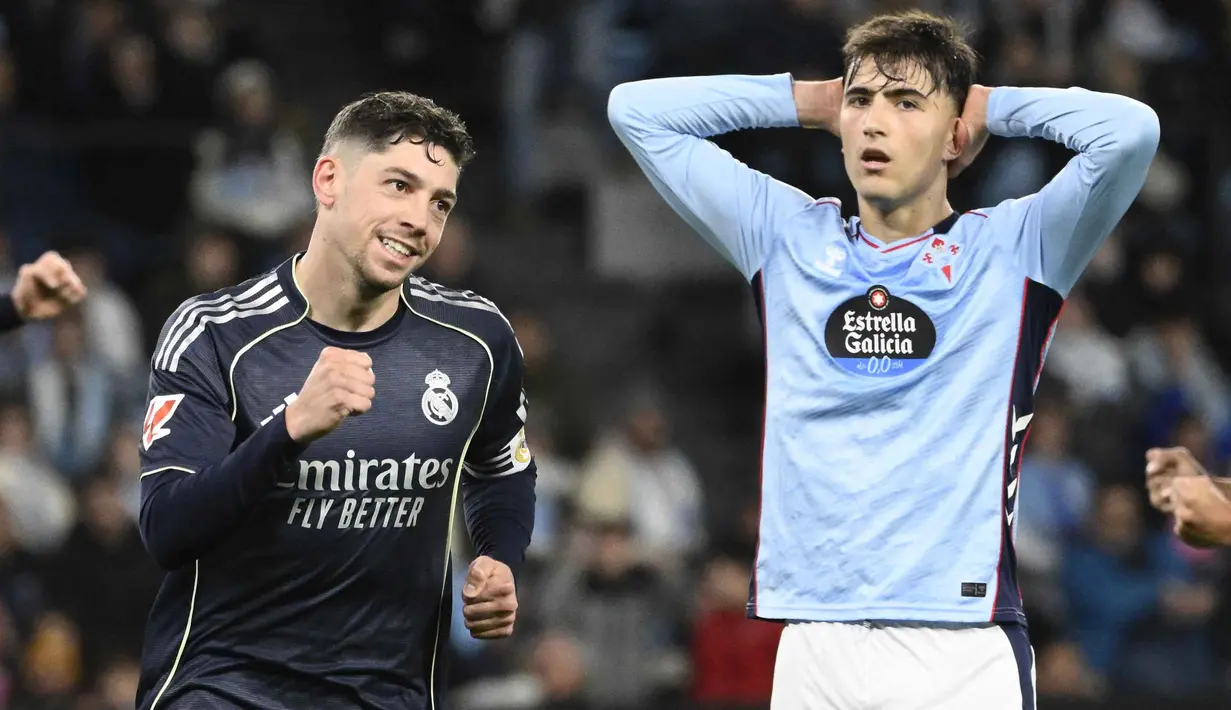 Saat pertandingan akan berakhir imbang, Los Blancos berhasil mengubah keadaan. Pada menit ke-90+4, Federico Valverde mencetak gol kemenangan untuk Real Madrid. Tampak dalam foto, gelandang Real Madrid asal Uruguay, Federico Valverde (kiri), merayakan golnya pada pertandingan pekan ke-27 La Liga 2025/2026 melawan Celta Vigo di Estadio Abanca-Balaidos pada Jumat 6 Maret 2026 waktu setempat atau Sabtu 7 Maret 2026 dini hari WIB. (Miguel RIOPA/AFP)