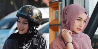 Sebagai anak motor, Sintya Marisca dikenal dengan gayanya yang tomboy. Namun penampilannya berubah drastis saat ia kenakan hijab. [@sintyamarisca]