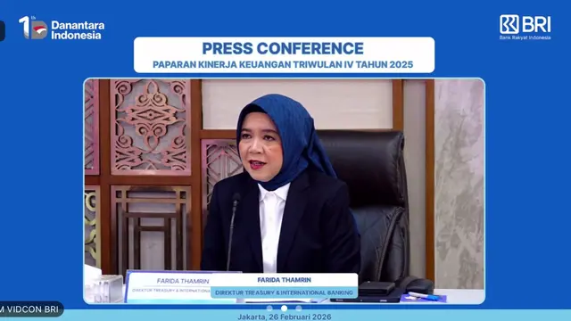 Direktur Treasury and International Banking BRI Farida Thamrin saat Konferensi Pers Laporan Kinerja Keuangan BRI Triwulan IV-2025, Kamis (26/2/2026). (Foto: Liputan6.com/Tira Santia)
