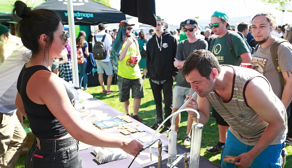 Seorang pria merokok dari bong saat merayakan acara legalisasi ganja 4/20 di Sunset Beach, Vancouver, Kanada (20/4). Vancouver 4/20 merupakan festival gratis di kota ini dengan menghadirkan musik setiap hari. (AFP/Jeff Vinnick)