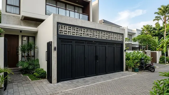 Pintu Garasi Lipat Hitam dengan Roster Beton Geometris