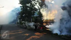 Petugas melakukan pengasapan di permukiman warga kawasan Kebayoran Baru, Jakarta, Selasa (9/2). Pengasapan untuk mencegah meluasnya wabah penyakit Demam Berdarah Dengue (DBD) yang kerap muncul pada masa pancaroba. (Liputan6.com/Gempur M Surya)