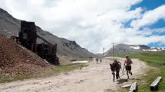 Peserta berlari sambil membawa kedelainya saat mengikuti Pack Burro Race ke-69 di Fairplay, Colorado (30/7). Pack Burro Racing adalah olahraga berlari melintasi kawasan pertambangan dengan membawa keledai. (AFP Photo/Jason Connolly)