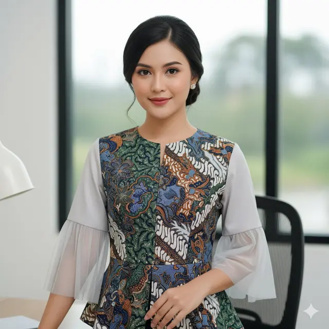 Blouse Batik dengan Aksen Tile Mutiara