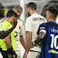 Pemain AS Roma, Romelu Lukaku (kiri), mempertanyakan keputusan wasit setelah melanggar pemain Inter Milan saat pertandingan pekan ke-10 Liga Italia 2023/2024 yang berlangsung di San Siro Stadium, Milan, Minggu (29/10/2023). (AFP/Isabella Bonotto)