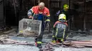 Seorang petugas pemadam kebakaran membawa ayam yang terluka di dalam kandang setelah kebakaran di pasar hewan peliharaan di sebelah pasar Chatuchak di Bangkok, Thailand pada tanggal 11 Juni 2024. (Chanakarn Laosarakham/AFP)