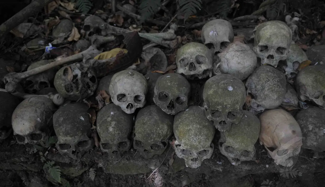 Tengkorak dan tulang-belulang berserakan tampak bertebaran di atas tanah, namun tak sedikit pun bau bangkai tercium. (Liputan6.com/Herman Zakharia)