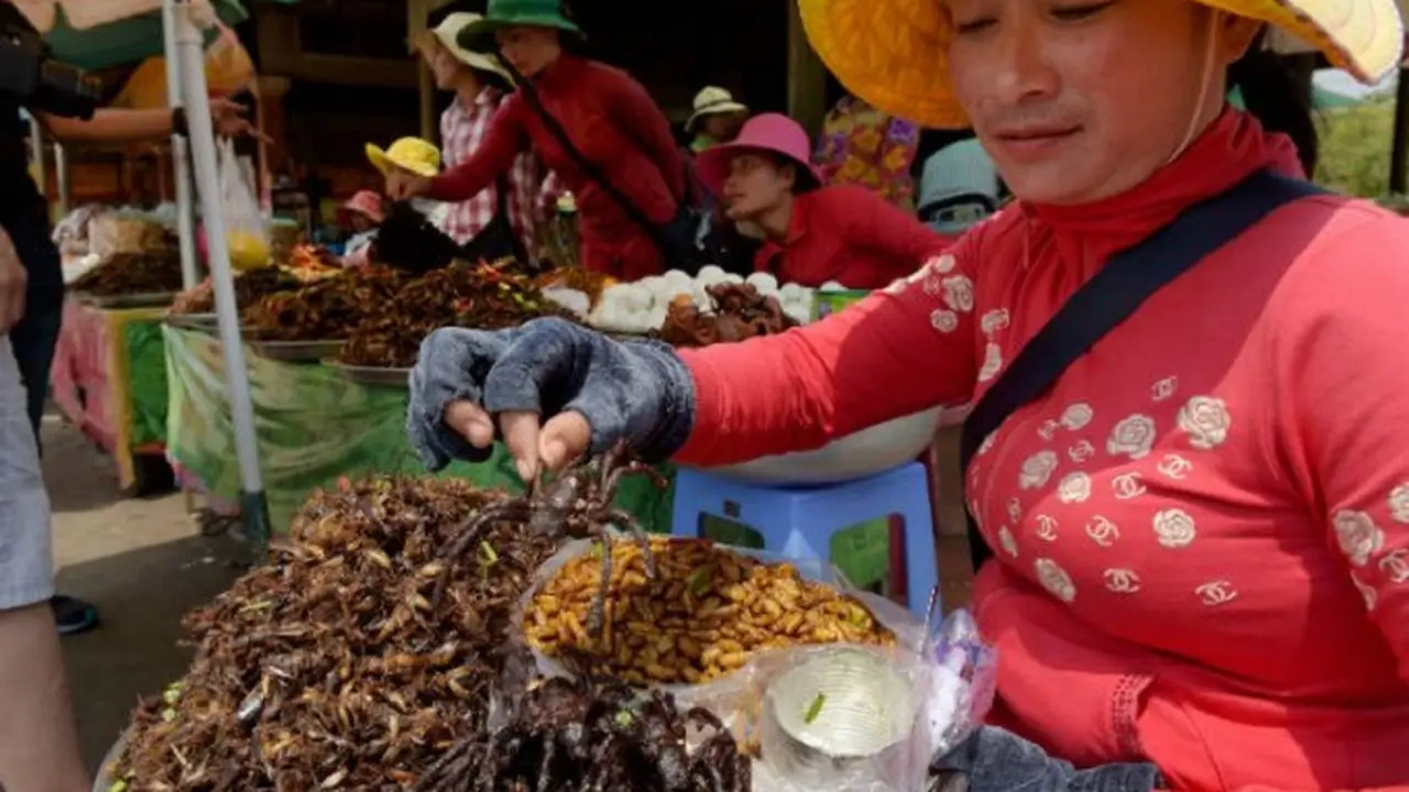 Dengan minyak goreng panas, tarantula yang sudah dibersihkan ini digoreng hingga garing dan diberi bawang putih (AFP)