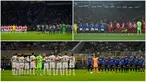 Kolase foto saat para pemain Liga Champions memberikan penghormatan untuk korban tragedi Kanjuruhan sebelum bertanding. (AP Photo/Antonio Calanni//Peter Dejong/Rui Vieira)