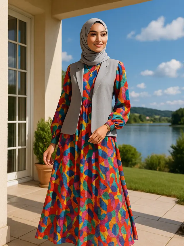 Rekomendasi Gamis Motif dengan Rompi Polos